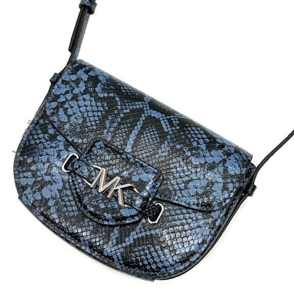 Michael Kors Small Reed Leather Saddle Crossbody Bag Snakeskin Denim - Picture 1 of 11